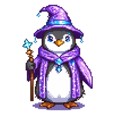 Penguin wizard with purple robe and blue magical sparkles sticker