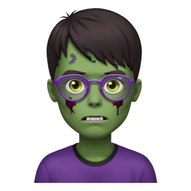 Menino zumbi com cabelo castanho escuro com franja que cubra a testa, olhos castanhos, camisa preta larga, pele verde e óculos lilás sticker