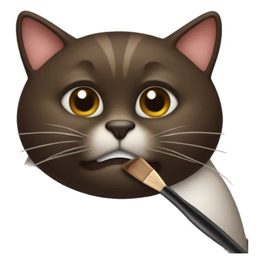 Dark brown fat cat hold brush in mouth  sticker