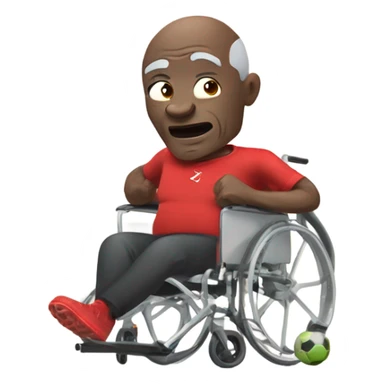 old black bald man with a protruding round pot belly in wheelchair. angry face. grey stubble. he is pointing finger in front. Arsenal soccer shirt. mouth word bubble sticker