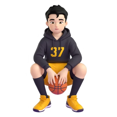 boy kid sitting with knees up, black hoodie with hood off, smirking, black crew socks, messy black hair, black basketball shorts, yellow skin sticker