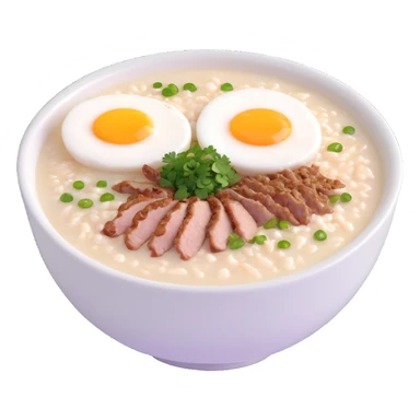 bowl of Asian rice porridge (congee) with steam, simple round bowl, topped with halved soft-boiled egg, minced pork, chopped green onions, cilantro, crispy fried garlic, smooth colorful clean minimal cute sticker