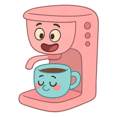 pastel pink coffee machine with a cup, calArts 2010s cartoon style, gentle shading sticker