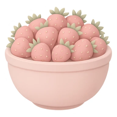 Make the colors of the large fancy pastel pink bowl of strawberries softer and less saturated, avoid high contrast, keep the style as emoji, with no background. The style should resemble emoji style with soft pastel colors and no background. sticker