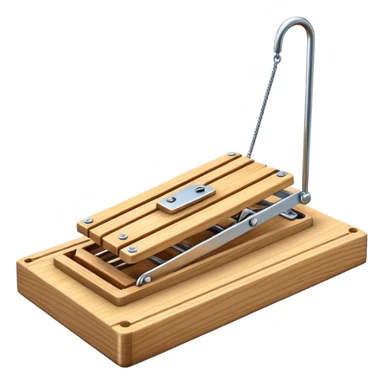 A 3D emoji in iOS emoji aesthetic style of a classic mousetrap without cheese, showing a wooden base and metal spring mechanism, clean minimal design, bright lighting, glossy Apple-style look, white background. sticker