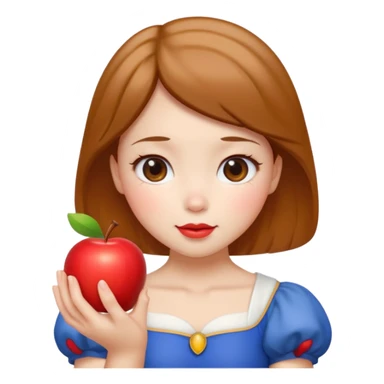 Create an emoji of Snow White holding a red apple, with short golden-brown hair Please create it in a super cute Japanese kawaii emoji style. sticker