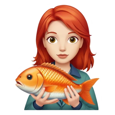 woman with red hair holding fish sticker