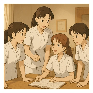 Four nursing students collaborating and interacting indoors, wearing white short-sleeve uniforms with V-neck tunic tops and left chest pockets, bare forearms, long hair tied back, no collar stand or stethoscopes, faces inspired by provided references, Ghibli style sticker