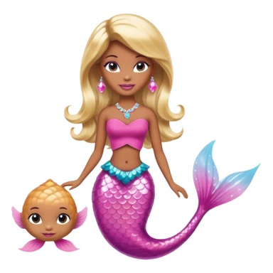 Brown skin blonde hair barbie mermaid with pink diamond tail  with pufferfish sticker