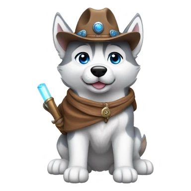 Gray Siberian Husky with blue eyes puppy wearing a cowboy hat dressed in Jedi clothing Holding a Lightsaber with the Paw sticker