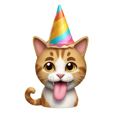 Cat wearing a birthday cone hat and licking an ice cream cone sticker
