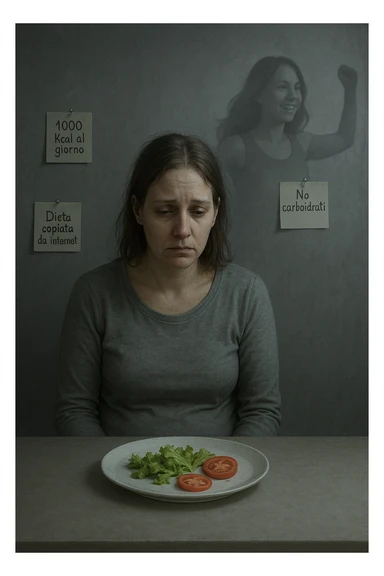 Donna tra i 30 e i 40 anni seduta a tavola, davanti a un piatto quasi vuoto con solo insalata e due fette di pomodoro. Il suo volto è visibilmente triste, stanco, con occhi spenti. Intorno a lei, foglietti attaccati con scritte come '1000 kcal al giorno', 'No carboidrati', 'Dieta copiata da internet'. L’atmosfera è fredda, grigia, priva di energia. Il suo corpo appare spento e scarico. Sullo sfondo, la sagoma di sé stessa più felice e piena di vitalità, come ricordo di un approccio migliore mai seguito. Stile realistico e simbolico sticker