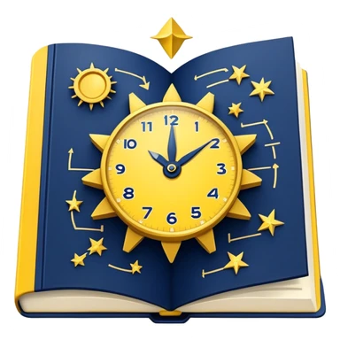 A yellow productivity book with navy blue and gold details, and chart with upward trend aura, radiating productivity, strategy, and success in motion with time and happiness yellow... power in time aura of happiness sticker