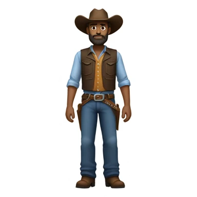 a rugged cowboy with a thick beard, wearing a blue vest over a classic western shirt. He should have a confident stance, showing full torso sticker