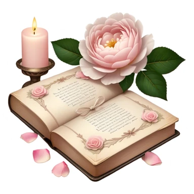 A beautifully aged book of poetry, open beside a softly glowing candle, with scattered blush pink rose petals and white peony blossoms decorating the vintage lace-covered surface.
 sticker