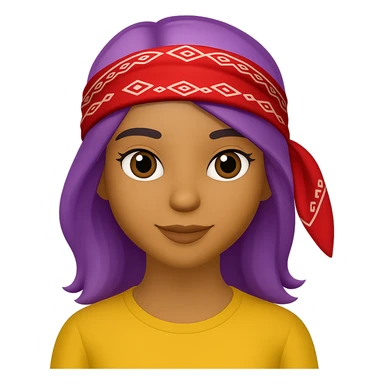 Create an image of a woman with a bandana and purple hair in the style of Apple emojis, with no background. The style should mimic the look of Apple emojis. sticker