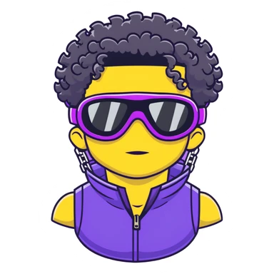 male athlete with white skin and moderately curly black hair on top with shaved sides, wearing ski goggles with purple frames and very dark black lenses, a simple plain black chain necklace, and a completely unzipped/wide open shiny purple vest fully revealing his chest and abs, no earrings sticker