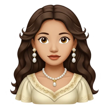 Tan Filipino woman with dark brown eyes and long dark wavy hair parted in the middle wearing a traditional filipiniana and white pearl stud earrings sticker
