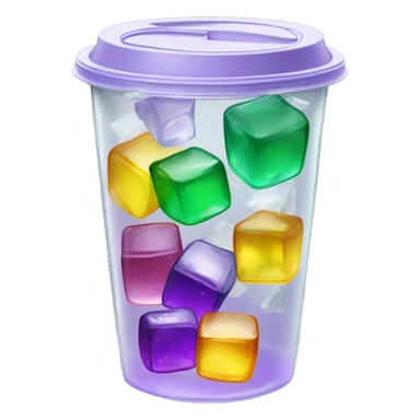 Realistic see through plastic cup and lid with half full Transluscent yellow, green ,purple soda,straw and large ice cubes inside. sticker