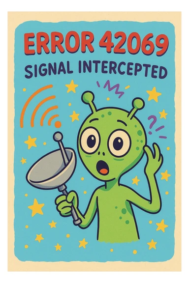 funny error screen with the text 'Error 42069' and 'Signal Intercepted', featuring a cartoon alien holding a satellite dish, playful and lighthearted style sticker