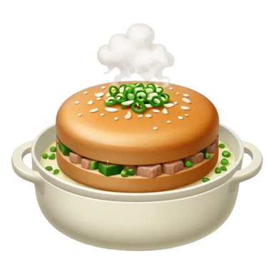 Emoji of a Chinese steamed pork patty in a small dish, topped with chopped scallions and steam rising, soft texture, minimal style. sticker
