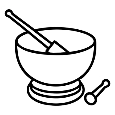 Make the green crystal singing bowl with mallet even more minimal, reduce details, keep only essential shapes, no background, in an outlined icon style with no fill. sticker