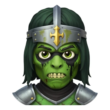 A black male with long black rough hair wearing a knight helmet with green zombie skin sticker