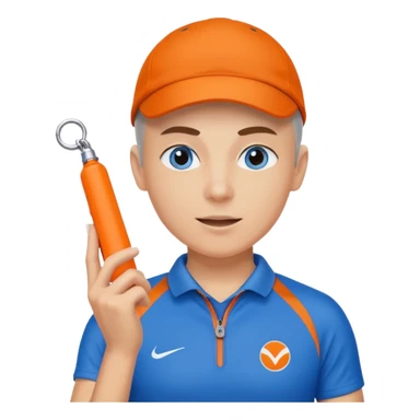 Make a friendly emoji style mascot for Sports Eye. Character will be blue sporty eye with a face, wearing a whistle, symbolizing coach giving guidance. design should be modern, friendly, & energetic, like a sports coach avatar. Primary color #2051E5 small touch of orange. sticker
