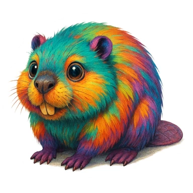 exotic beaver with multicolored fur and big eyes, transparent background sticker