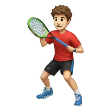 Young guy with brown hair playing pickleball full body red shirt black shorts solid black paddle sticker