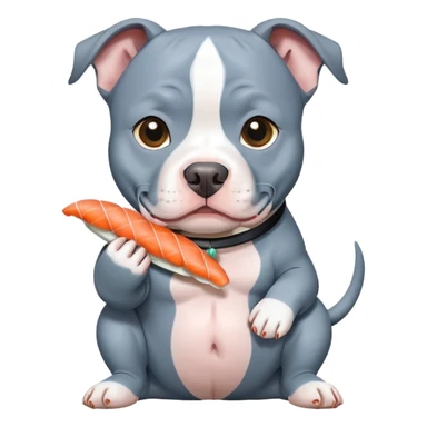 A gray blue colored pit bull holding sushi sticker
