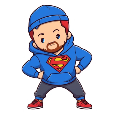 Full body Adult male with blue eyes and redish messy hair and trimmed facial hair wearing a blue superman hoodie and a black hat backwards sticker