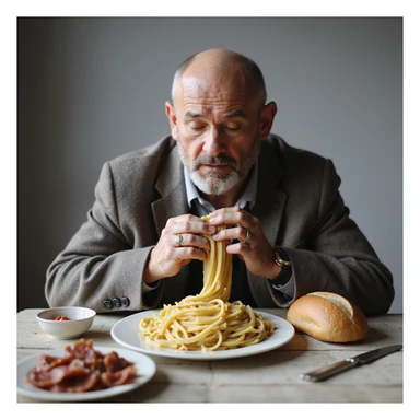 Uomo che mangia sempre gli stessi cibi (pasta, pane, salumi), piatto monotono, espressione annoiata, testo in italiano: 'Abitudini consolidate'. sticker