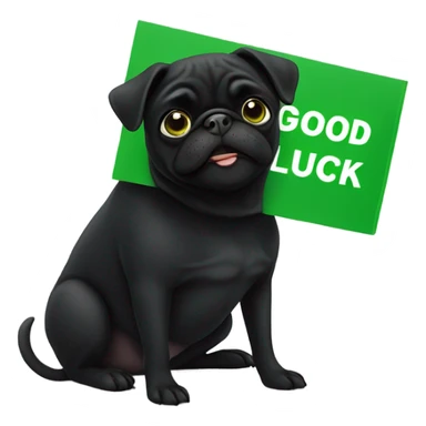 Black pug , surrounded by flowers, holding a green sign that says “good luck”  sticker