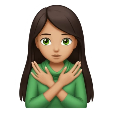 Girl with dark brown long straight hair and green eyes and tan skin wrapping her hands around her neck pretending to choke herself. sticker