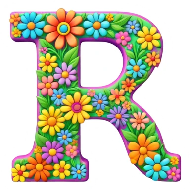 3D style, psychedelic colored Letter A with hippie style flowers sticker