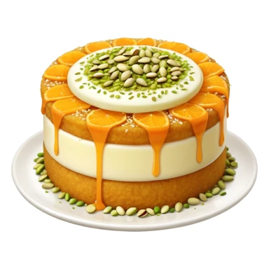 A small round emoji of traditional kanafeh with golden-orange crispy threads, a gooey white cheese center, and a light sprinkle of green pistachios. Warm and delicious-looking. sticker
