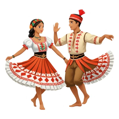 Cinematic Realistic scene of two performers engaging in the Croatian Linđo folk dance, adorned in vibrant traditional costumes with intricate patterns and accessories, captured in graceful, synchronized motion under festive natural lighting. sticker