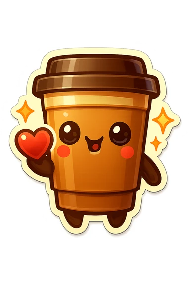 Tall coffee cup, offerring heart, big eyes, star sparkles sticker