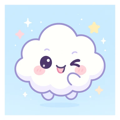 chibi-style kawaii cloud character, smiling face, pastel colors, giggling, playful mischievous eyes, soft lighting, floating in a blue sky with sparkles and stars, cartoon-style, clean background, digital art, 4k resolution sticker
