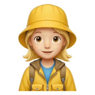 Little student wears yellow bucket hat and jacket, backpack, happy sticker