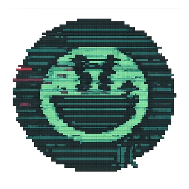 Add animated static lines to the smiley face with digital glitch effects in pixel art style, keeping the background transparent. Maintain the pixelated look and glitchy effect with static lines animation. sticker