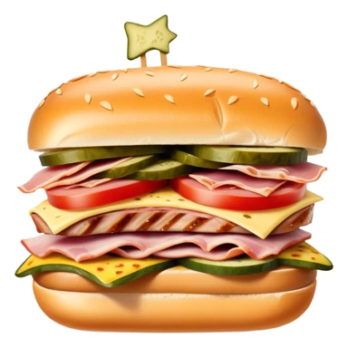 Pork cubano sandwich on a ciabatta bun, shown from the side sticker