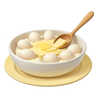 a dozen eggs, a ceramic mixing bowl with a wooden spoon and a plate of butter sticker