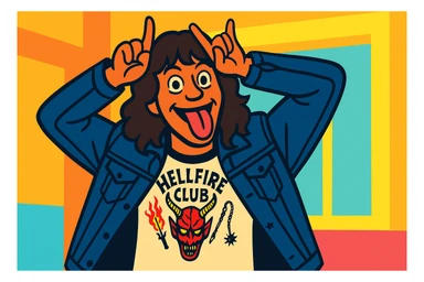 Eddie Munson from Stranger Things in vibrant toon style, wide aspect ratio (16:9), making a playful face with hands as horns and tongue out, inspired by the reference image. Use lighter, vivid colors and dark outlines. sticker