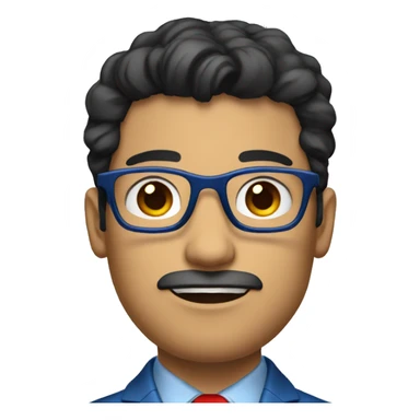 Latin man in blue suit and red tie, black eyes with metallic glasses, black hair, showing hands sticker