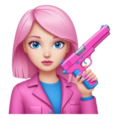 White Girl hand pink nails holding pink gun with blue eyes sticker