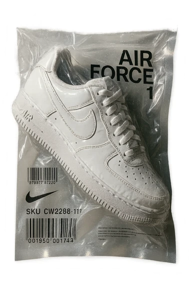 vacuum-sealed Air Force One sneaker, compressed and shiny, glossy, tightly wrapped, reflective, white color sticker
