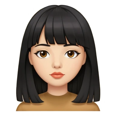 Black long straight hair, double eyelids hair, curtain bangs, plump lips, medium eyebrows, button nose sticker