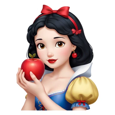 Cinematic Realistic Snow White Portrait, depicted with lifelike skin texture, soft natural lighting, and intricately detailed black hair styled with a red ribbon. Her soft brown eyes radiate innocence and kindness, complemented by a warm, gentle smile. She holds an apple in one hand, her other hand resting against her cheek, embodying her purity and charm. She is dressed in her classic yellow, blue, and red gown, the fabric rich in texture with delicate folds that catch the light beautifully. The portrait features a soft, natural glow with a radiant finish, capturing the essence of timeless beauty in a realistic and painterly style. sticker